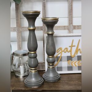 Set of 2 farmhouse candlesticks gray with gold trim